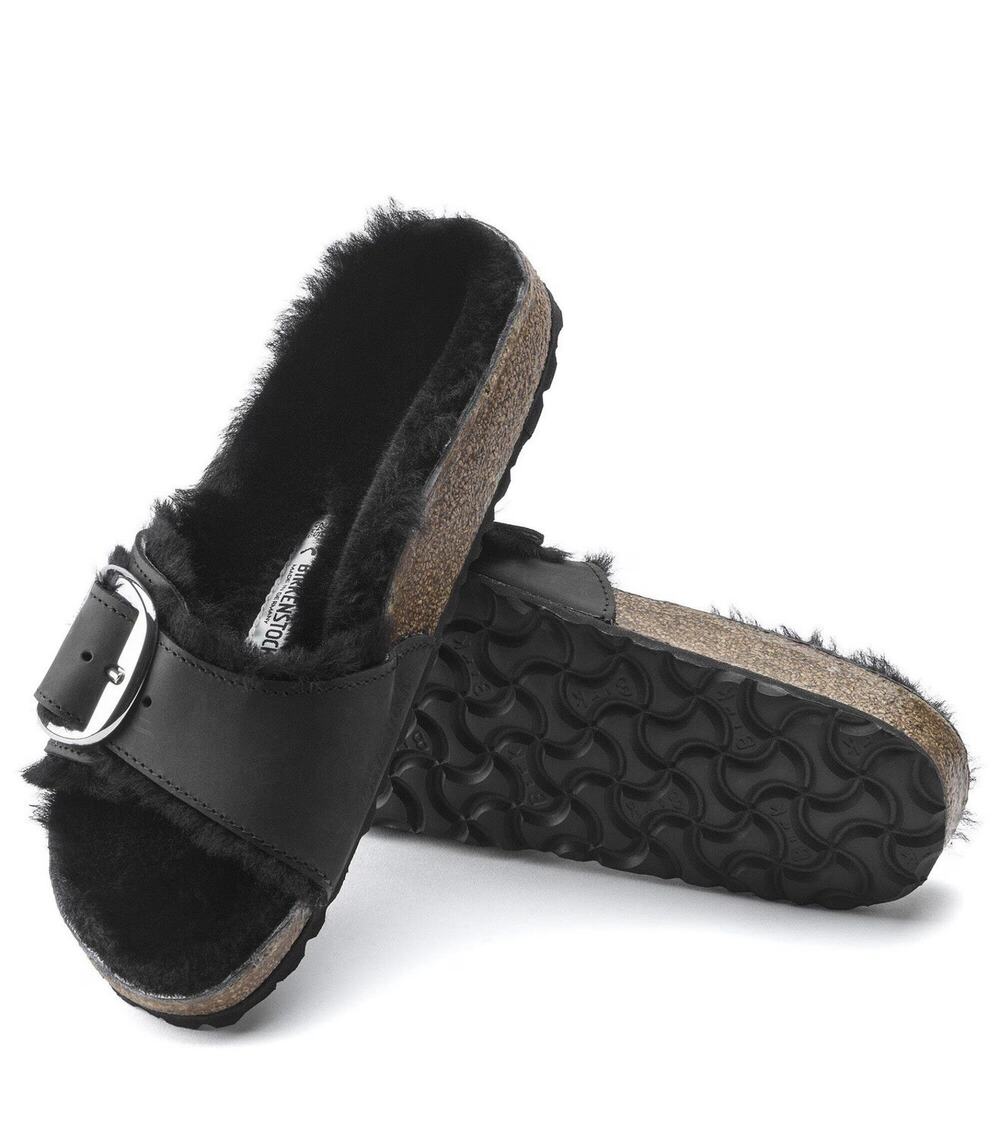 Free People Birkenstock Madrid Sandal BigBuckle Shearling Leather Black 41/10